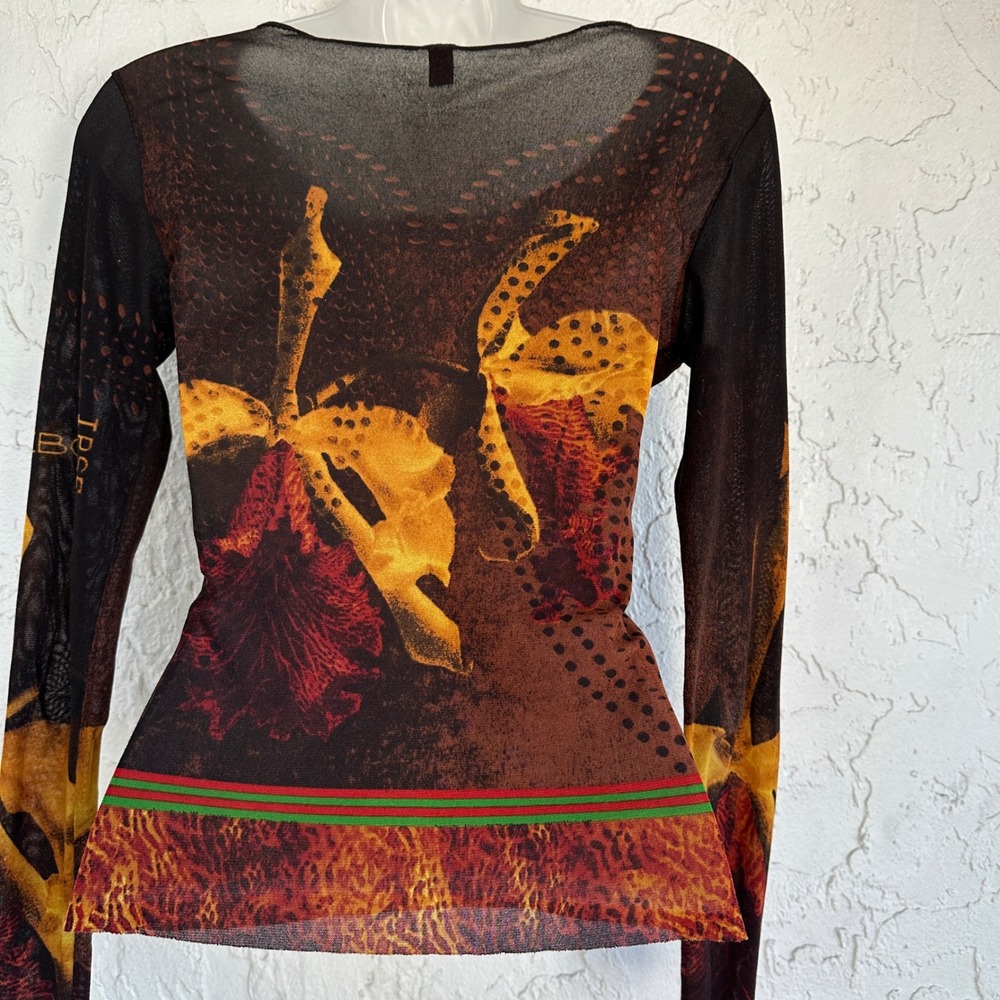 IPSE Sheer Mesh Long Sleeve Y2K Top Women Medium Abstract Floral Animal Artsy - Picture 4 of 6